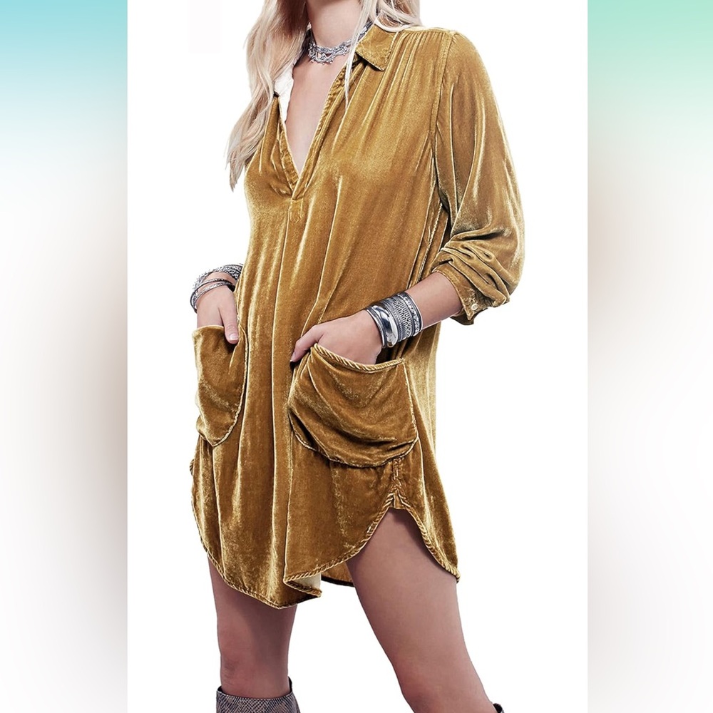 Women’s R. Vivimos Mustard Long Sleeve Velvet‎ Mini Dress